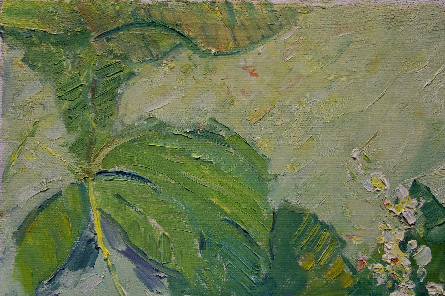 Oil painting of lush green leaves and white blossoms by Sevastyanov Viktor Grigorievich