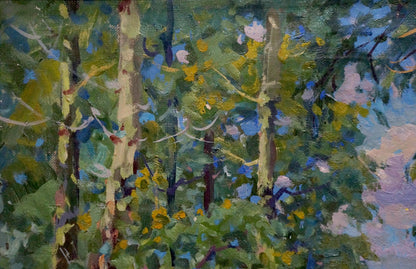 Vibrant impressionist oil painting by Fomin Anatoly Nikiforovich: forest by the river