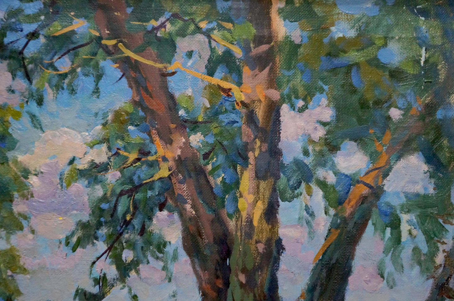 Oil painting by the river by Fomin Anatoly Nikiforovich, textured tree trunks