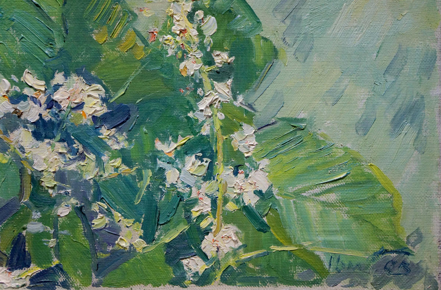 Vibrant impressionist oil painting of lush green foliage and white blossoms by Sevastyanov Viktor Grigorievich