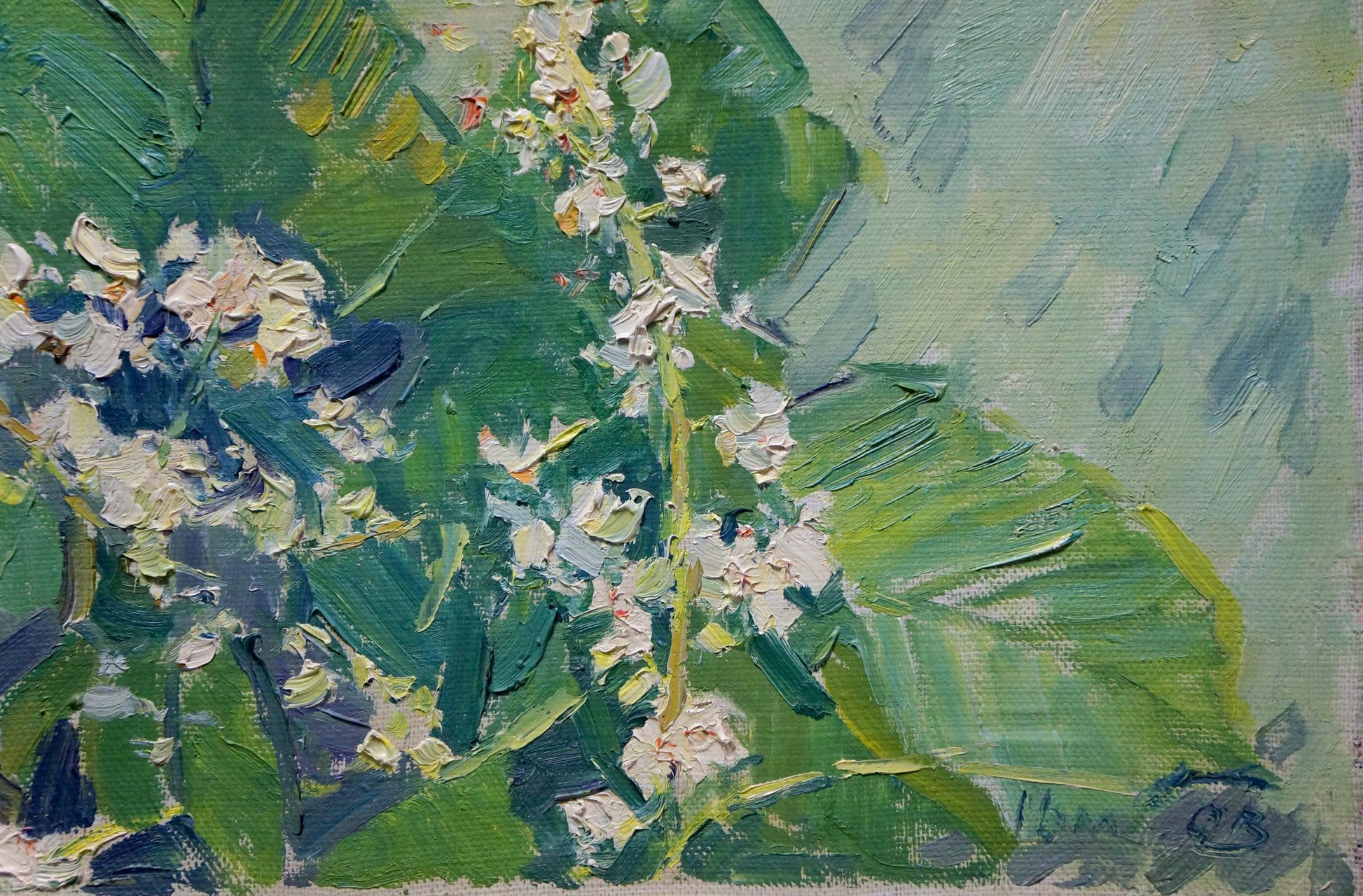 Vibrant impressionist oil painting of lush green foliage and white blossoms by Sevastyanov Viktor Grigorievich