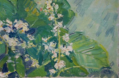 Vibrant impressionist oil painting of lush green foliage and white blossoms by Sevastyanov Viktor Grigorievich