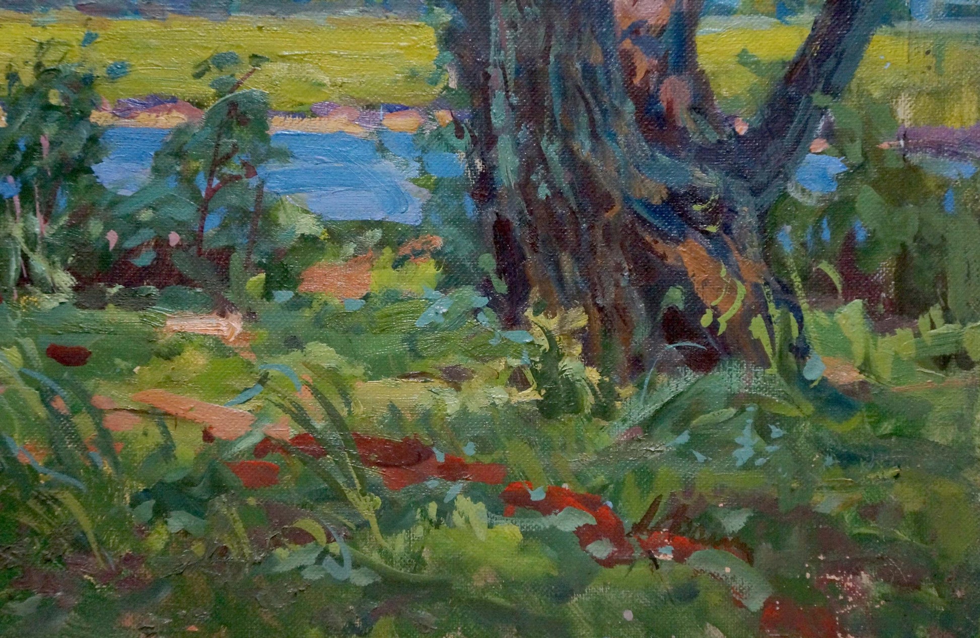 Oil painting By the River by Fomin Anatoly Nikiforovich, textured tree trunk