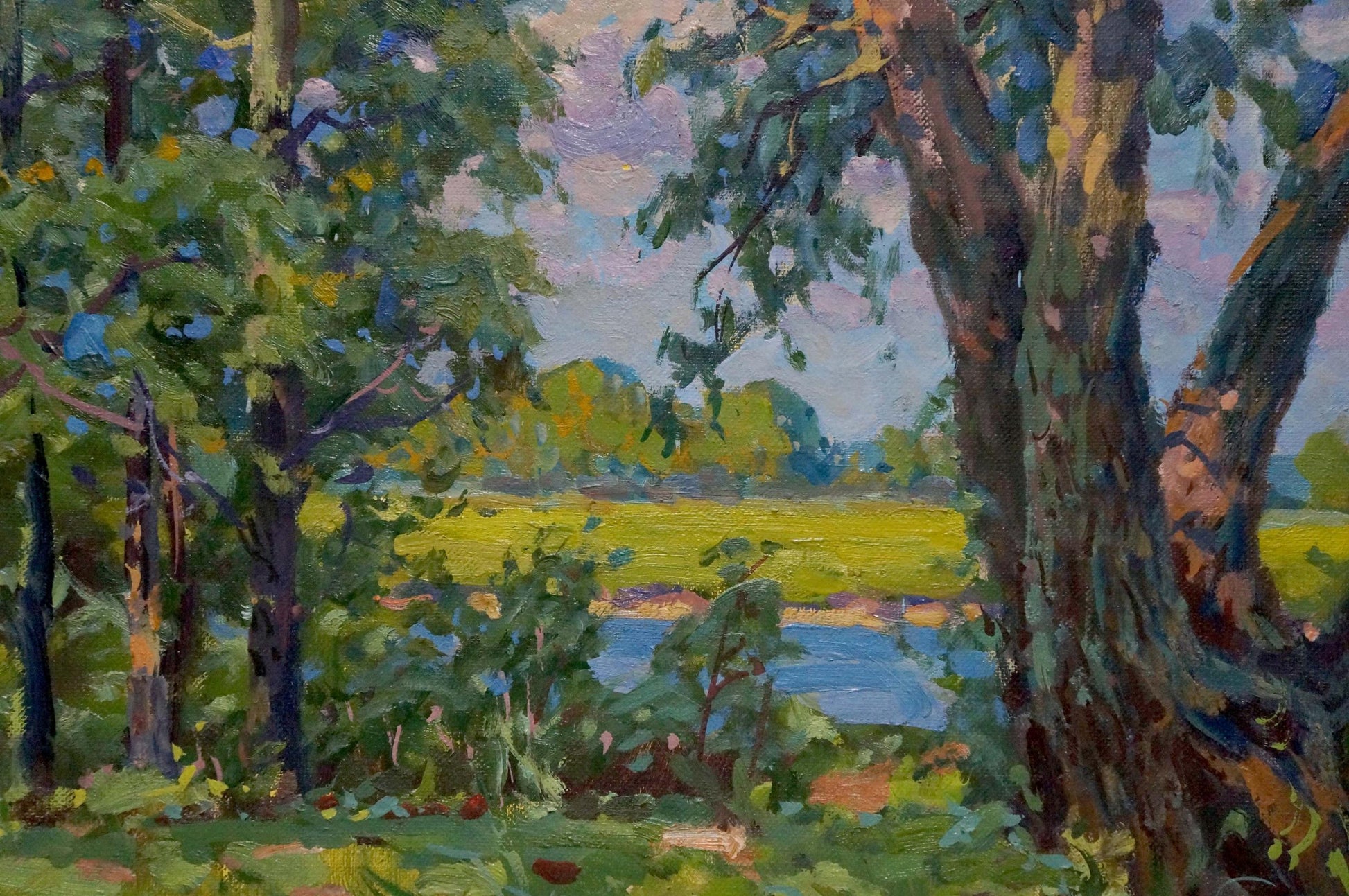 Vibrant impressionist oil painting by Fomin Anatoly Nikiforovich: forested riverbank