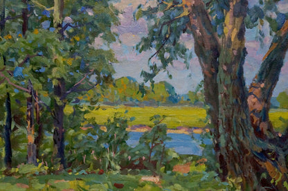 Vibrant impressionist oil painting by Fomin Anatoly Nikiforovich: forested riverbank