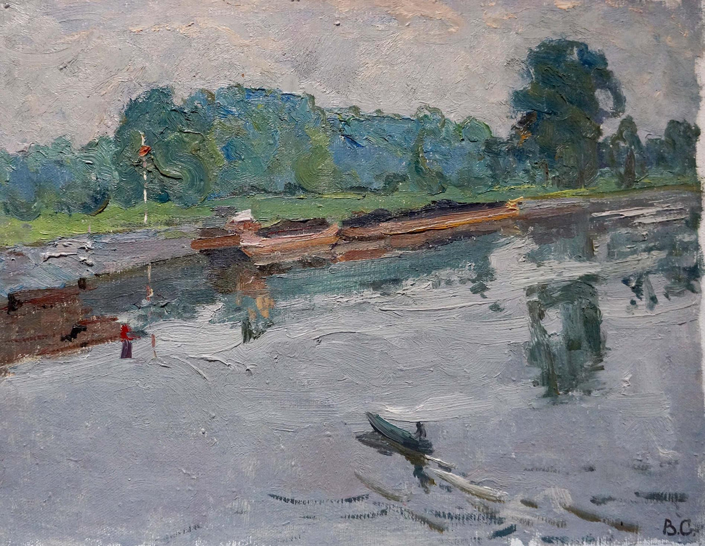 Serene impressionistic oil painting by Sevastyanov Viktor Grigorievich: river with boats, lush trees, gray skies