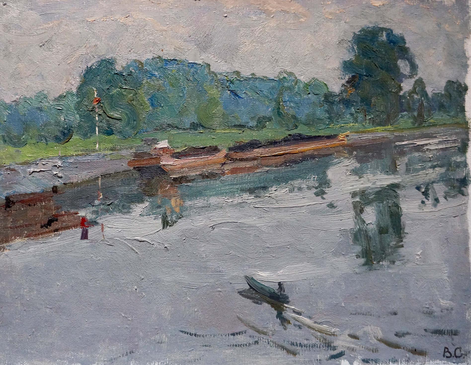 Serene impressionistic oil painting by Sevastyanov Viktor Grigorievich: river with boats, lush trees, gray skies