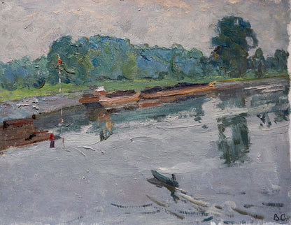 Serene impressionistic oil painting by Sevastyanov Viktor Grigorievich: river with boats, lush trees, gray skies