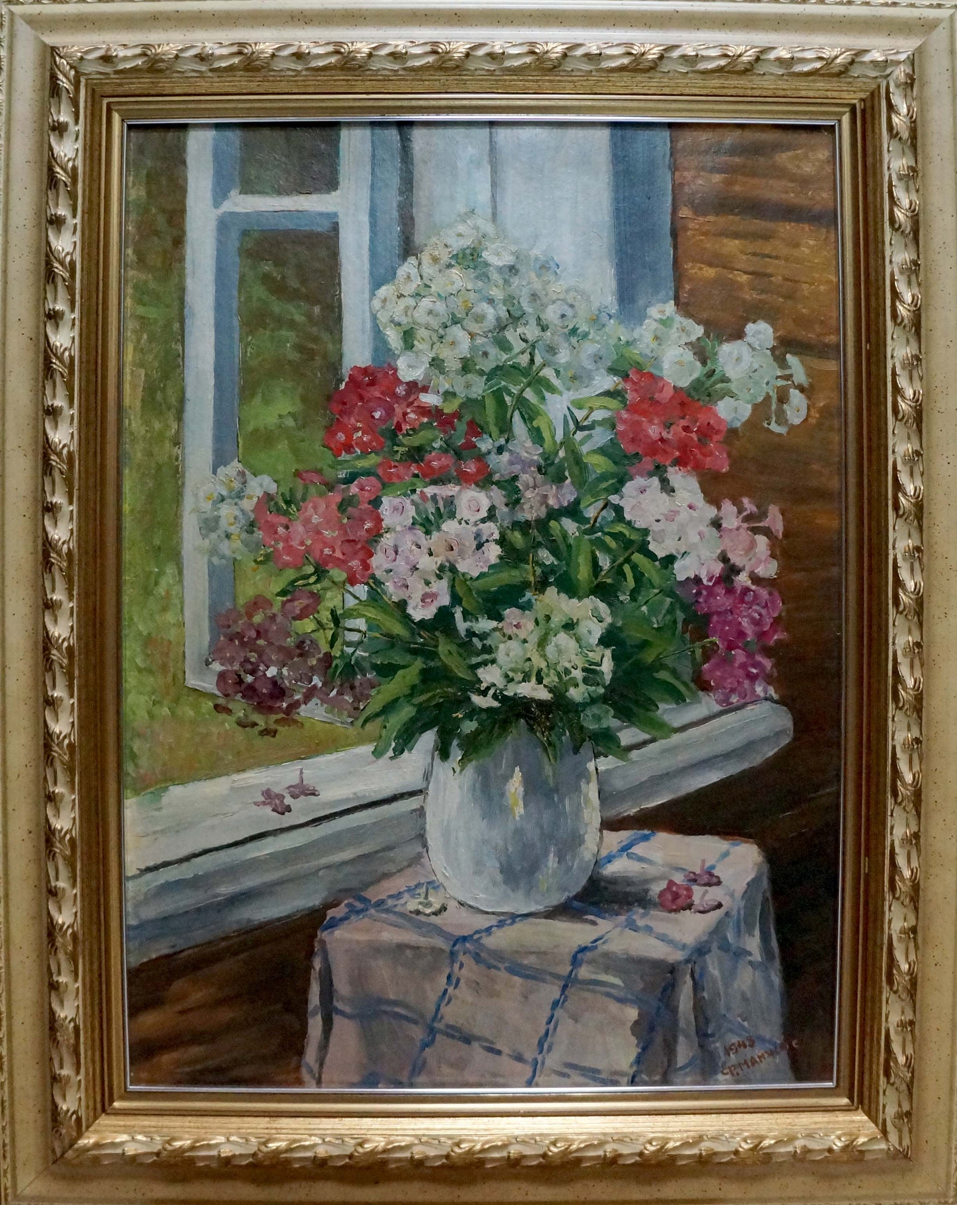 Oil painting Flowers F. Manjos: white vase with pink, red, white bouquet