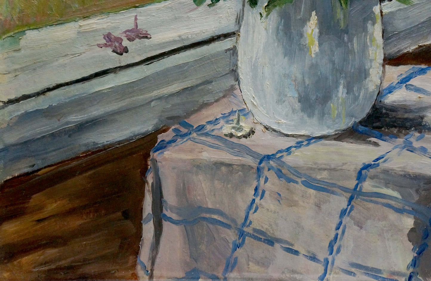 Oil painting Flowers F. Manjos: gray vase with yellow accents, green foliage on checkered cloth