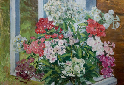 Oil painting Flowers F. Manjos: vibrant pink, white, purple bouquet in ceramic vase