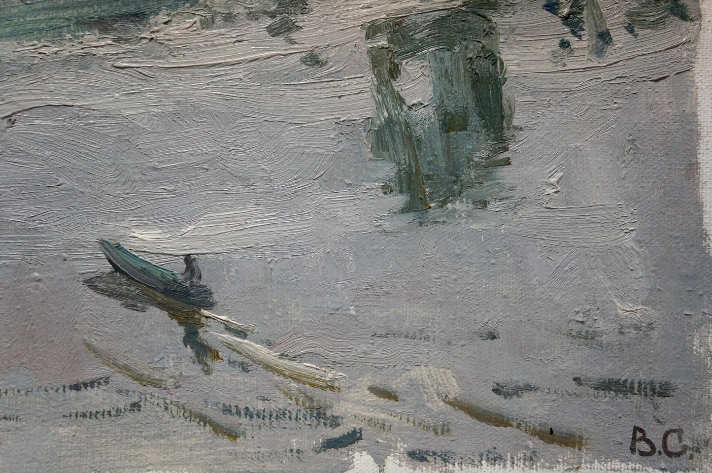 Oil painting Its a nasty day by Sevastyanov Viktor Grigorievich: small dark green rowboat with solitary figure in textured strokes