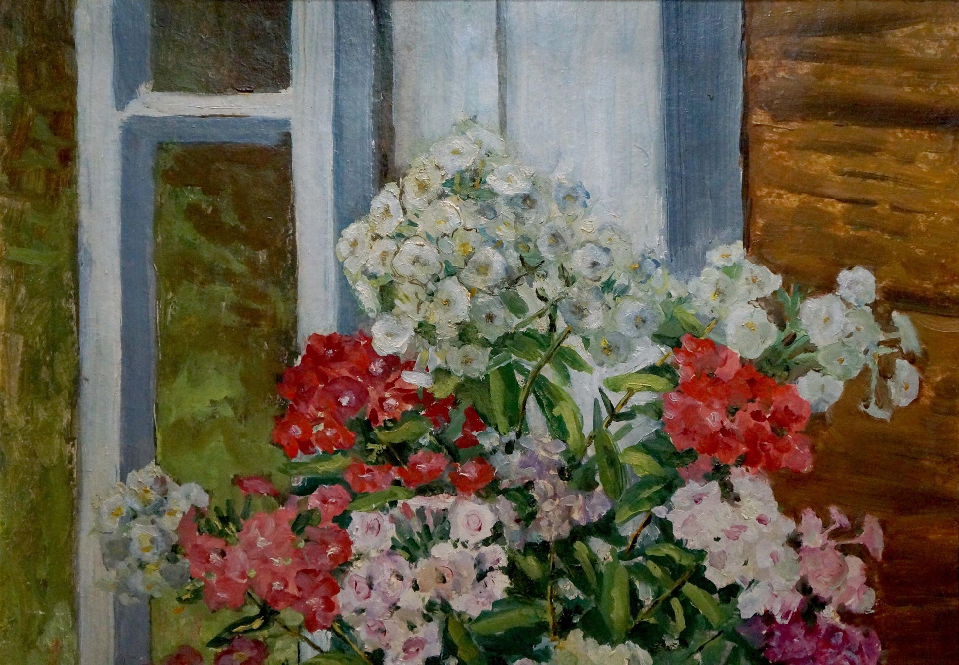 Oil painting Flowers F. Manjos: vibrant red white pink bouquet in full bloom