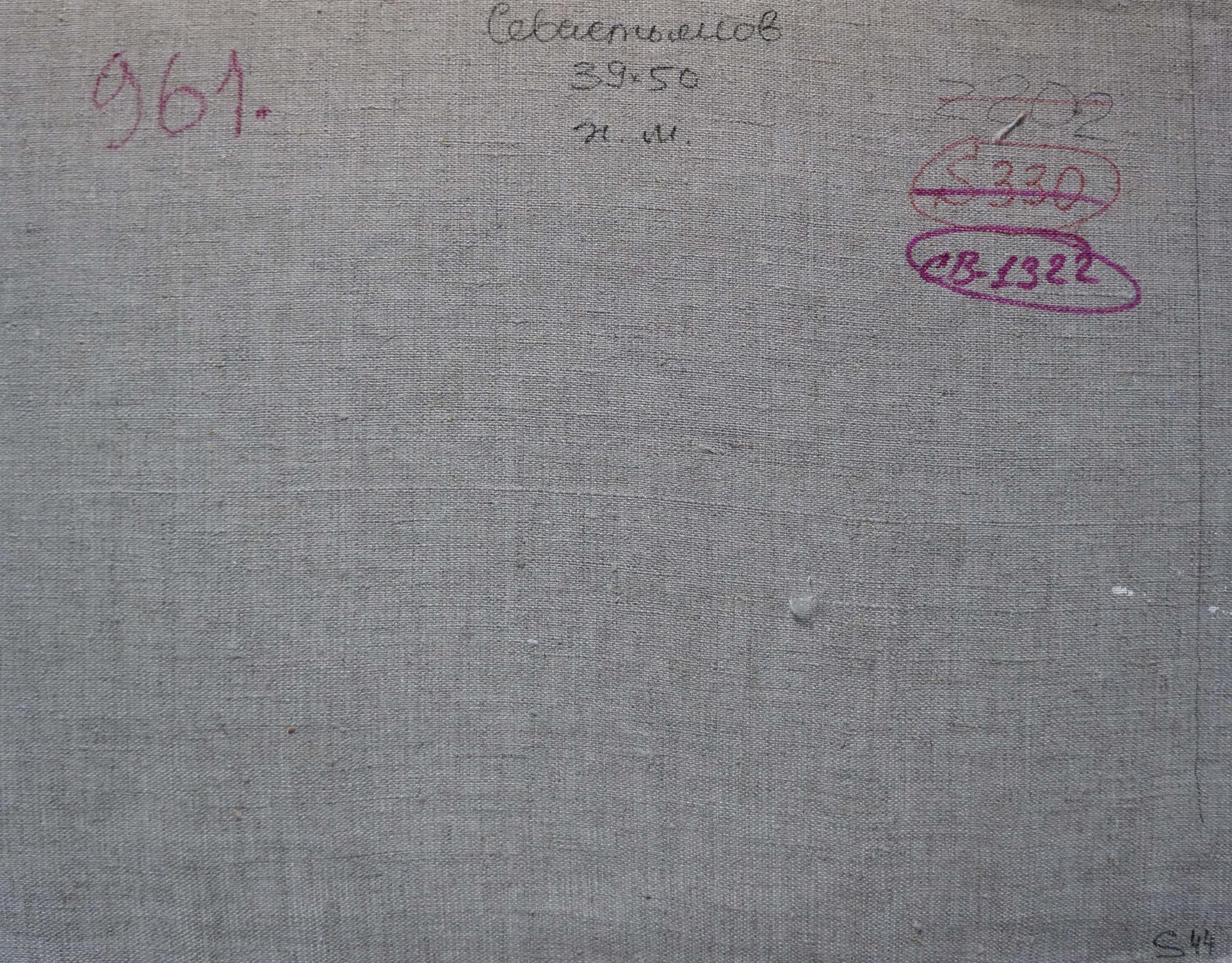 Back of Sevastyanov Viktor Grigorievich Oil painting Its a nasty day gray textured canvas with markings