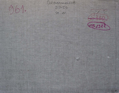 Back of Sevastyanov Viktor Grigorievich Oil painting Its a nasty day gray textured canvas with markings