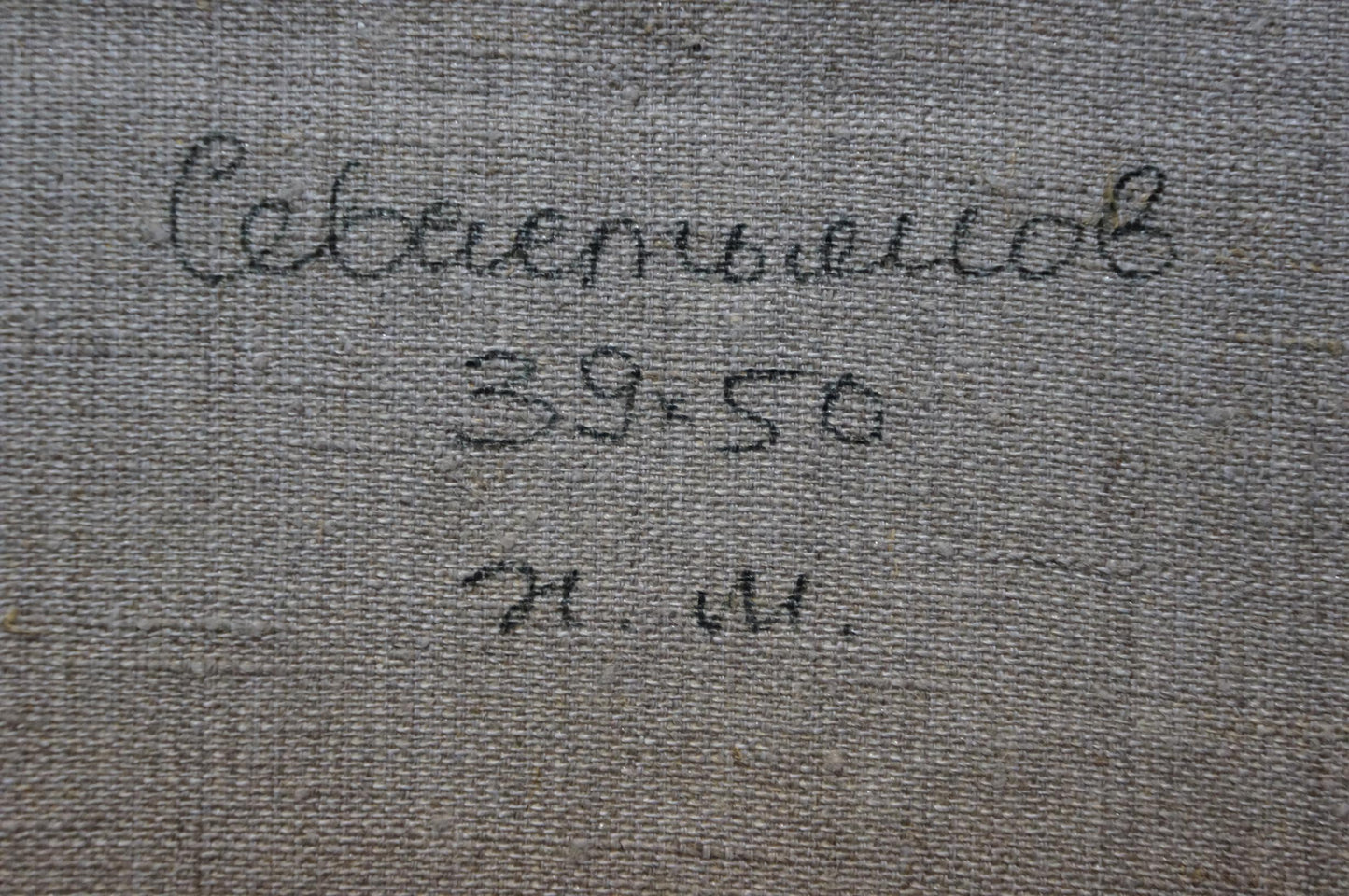 Back of oil painting Its a nasty day by Sevastyanov Viktor Grigorievich gray textured canvas with Cyrillic script and dimensions