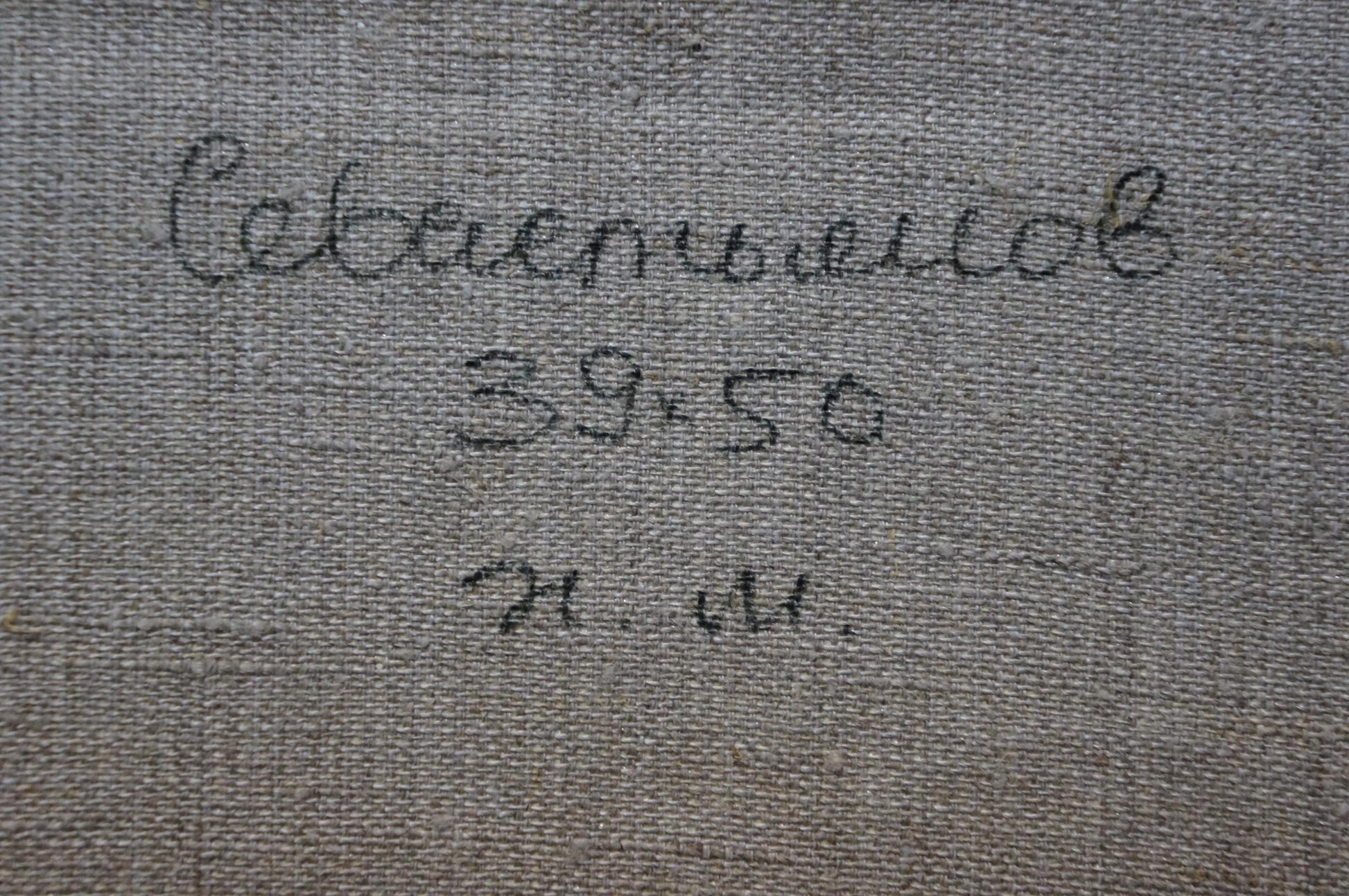 Back of oil painting Its a nasty day by Sevastyanov Viktor Grigorievich gray textured canvas with Cyrillic script and dimensions