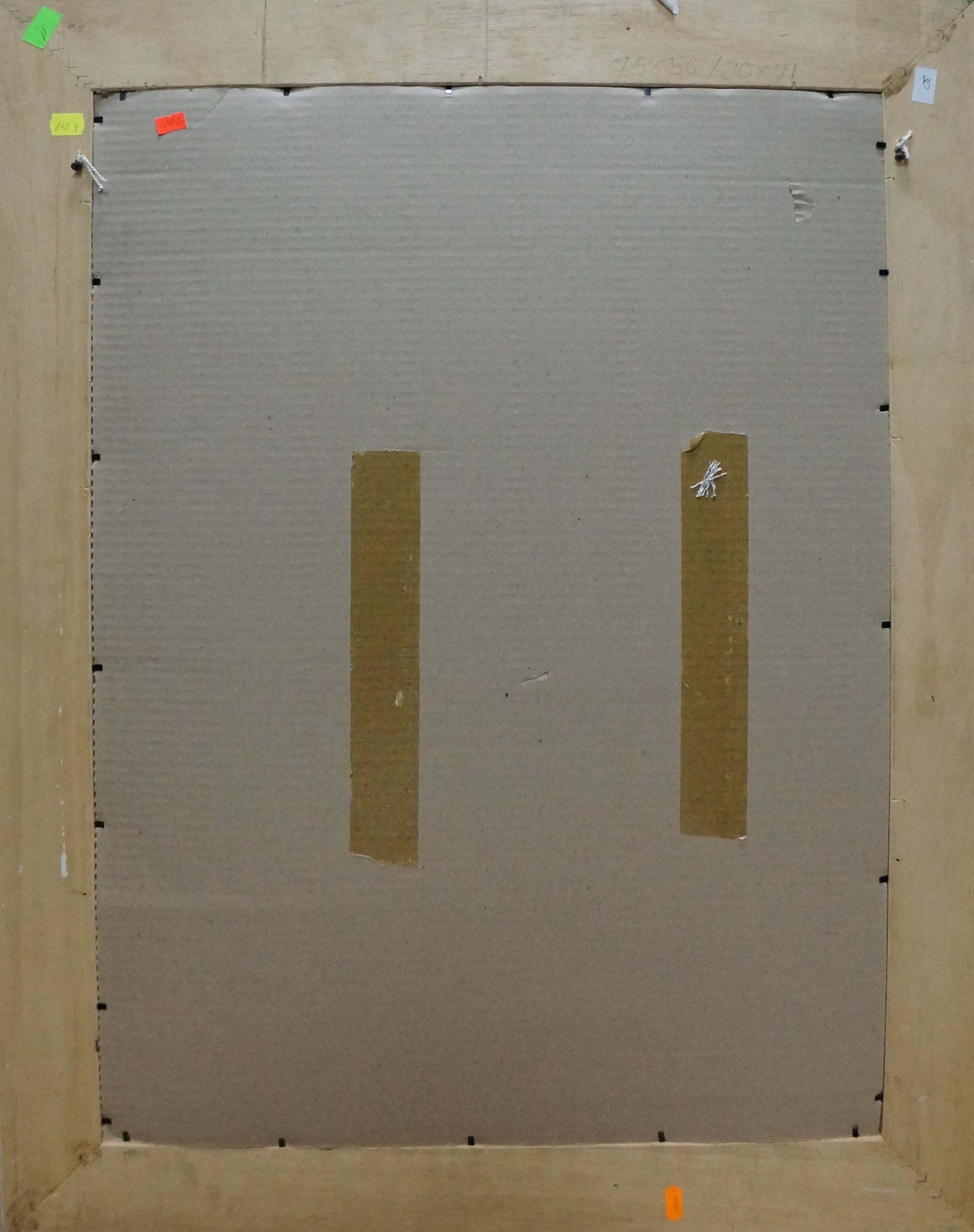 Back of Oil painting Flowers F. Manjos on gray cardboard with brown tape