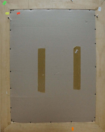 Back of Oil painting Flowers F. Manjos on gray cardboard with brown tape