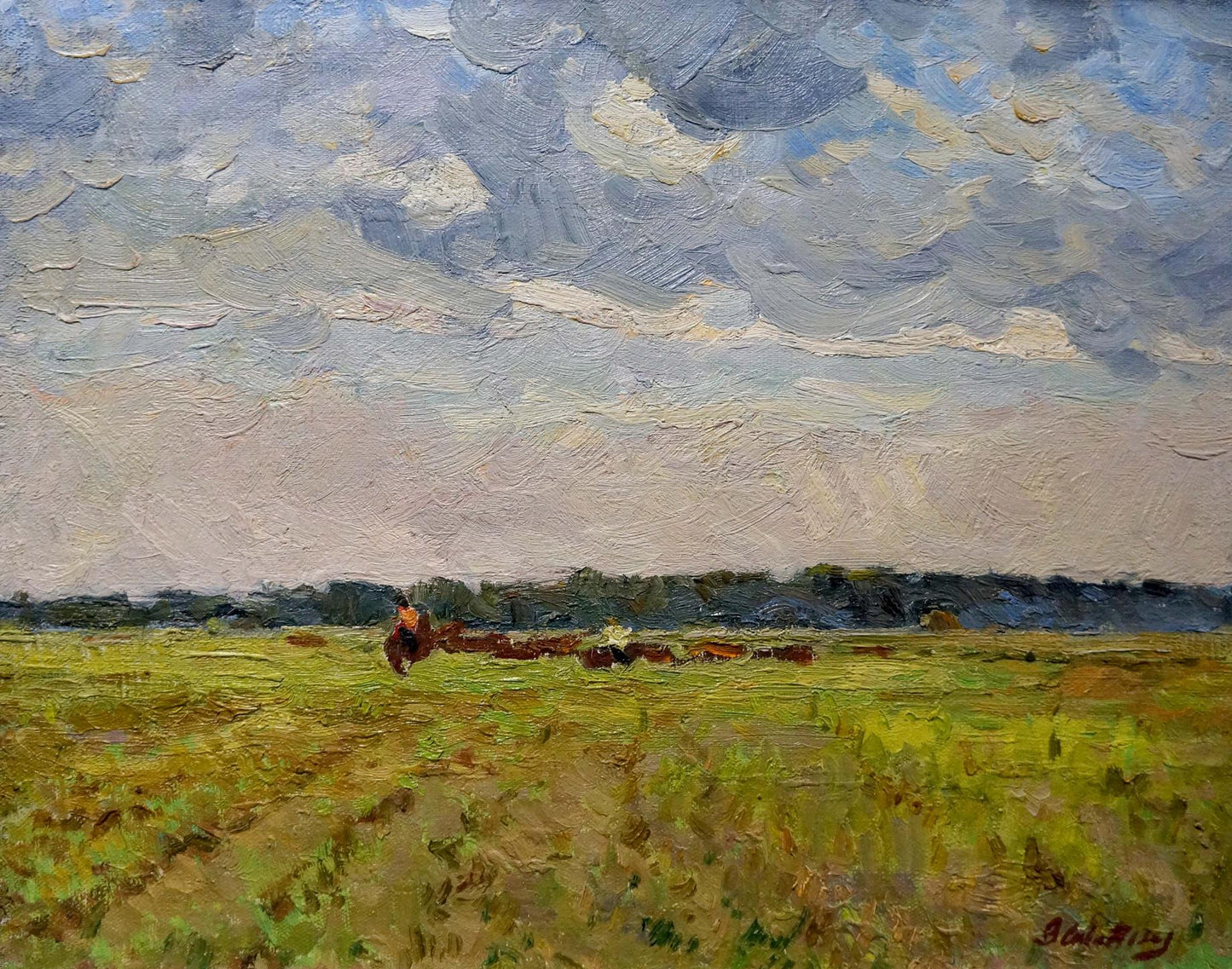 Oil painting In field by Sevastyanov Viktor Grigorievich, green field with cattle