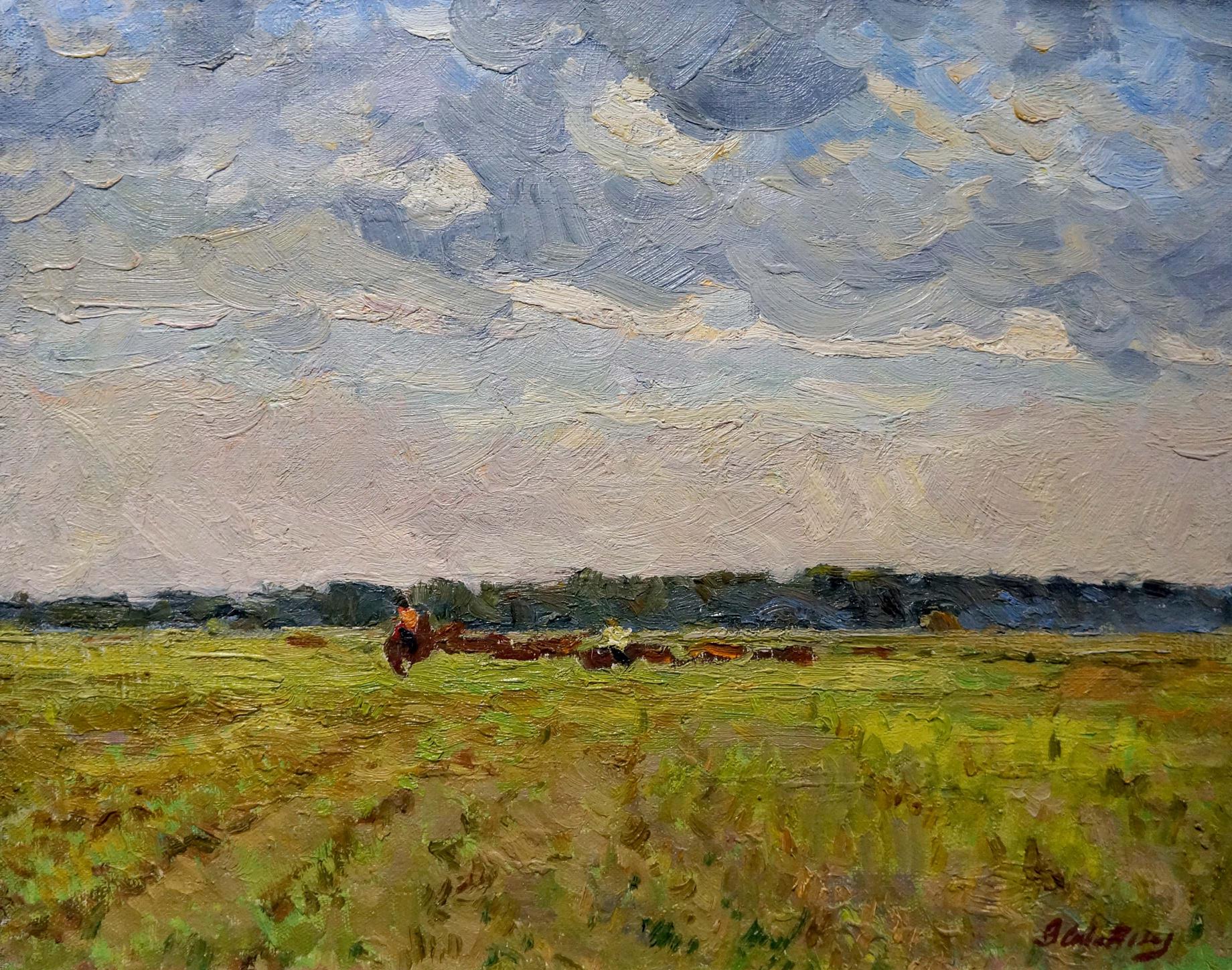 Oil painting In field by Sevastyanov Viktor Grigorievich, green field with cattle