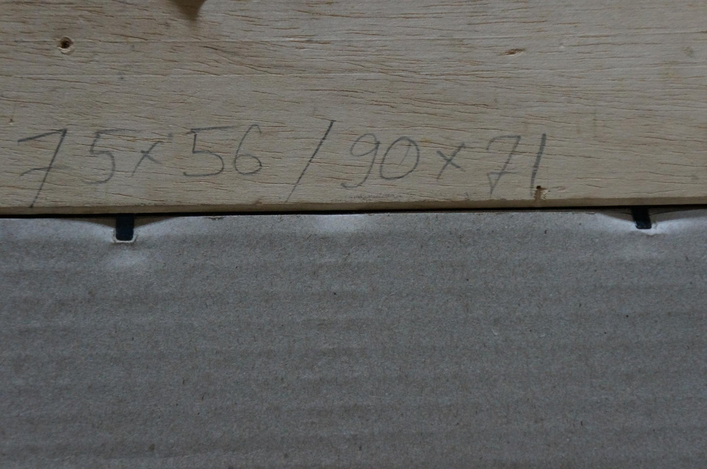 Back of Oil painting Flowers F. Manjos on light wooden plank with handwritten measurements