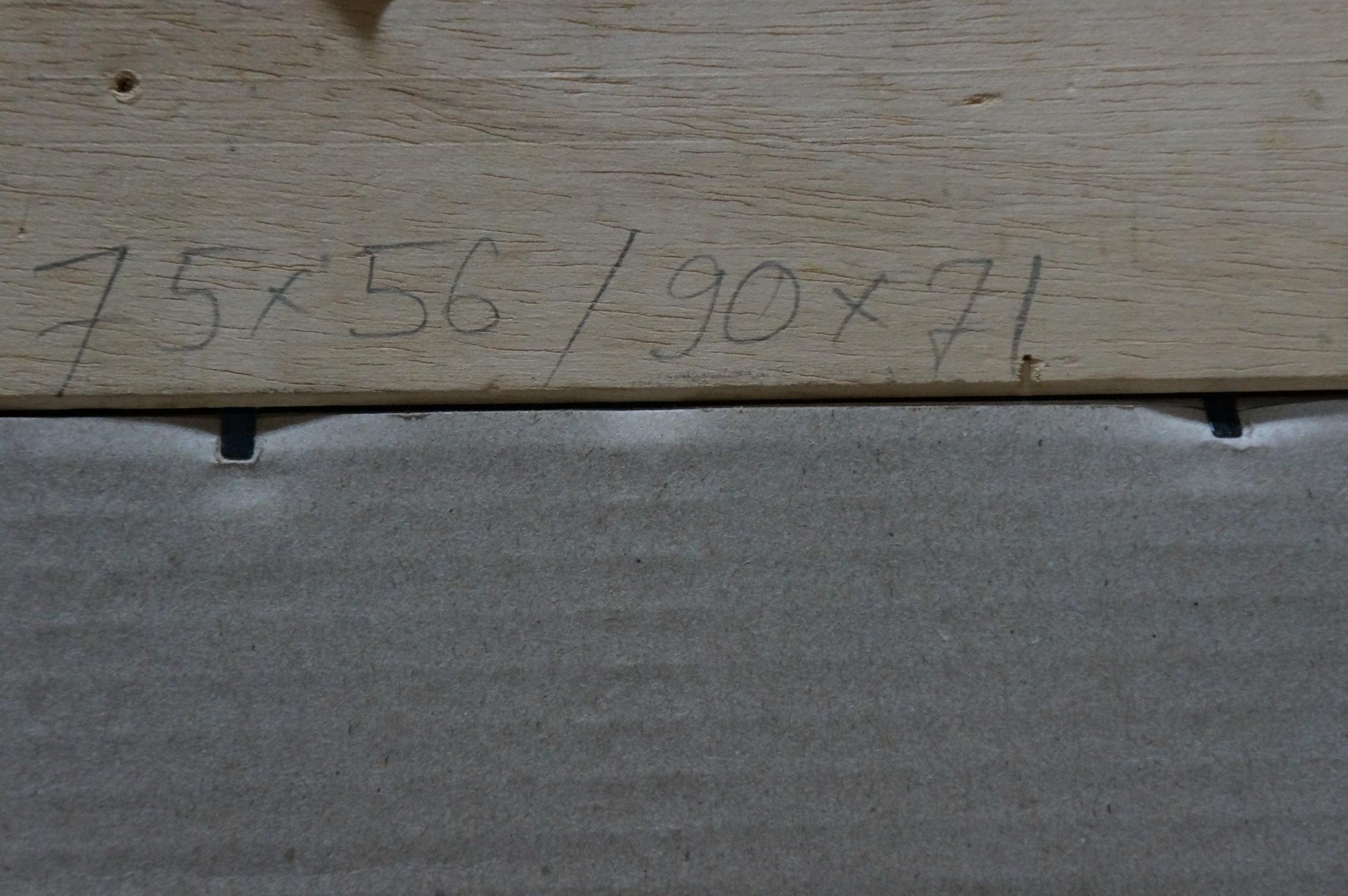 Back of Oil painting Flowers F. Manjos on light wooden plank with handwritten measurements