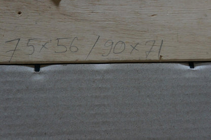 Back of Oil painting Flowers F. Manjos on light wooden plank with handwritten measurements