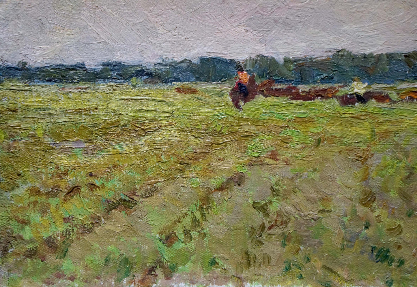 Impressionistic oil painting by Sevastyanov Viktor Grigorievich of rider herding cattle in field