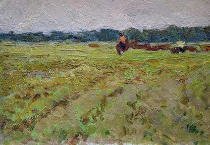 Impressionistic oil painting by Sevastyanov Viktor Grigorievich of rider herding cattle in field