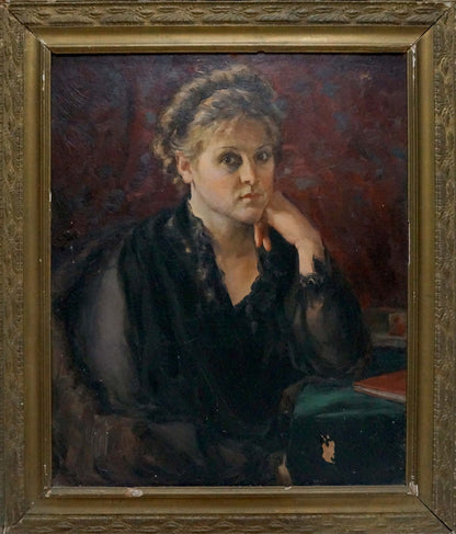 Oil painting Woman portrait by N. Dobronravov, woman with light hair on red background