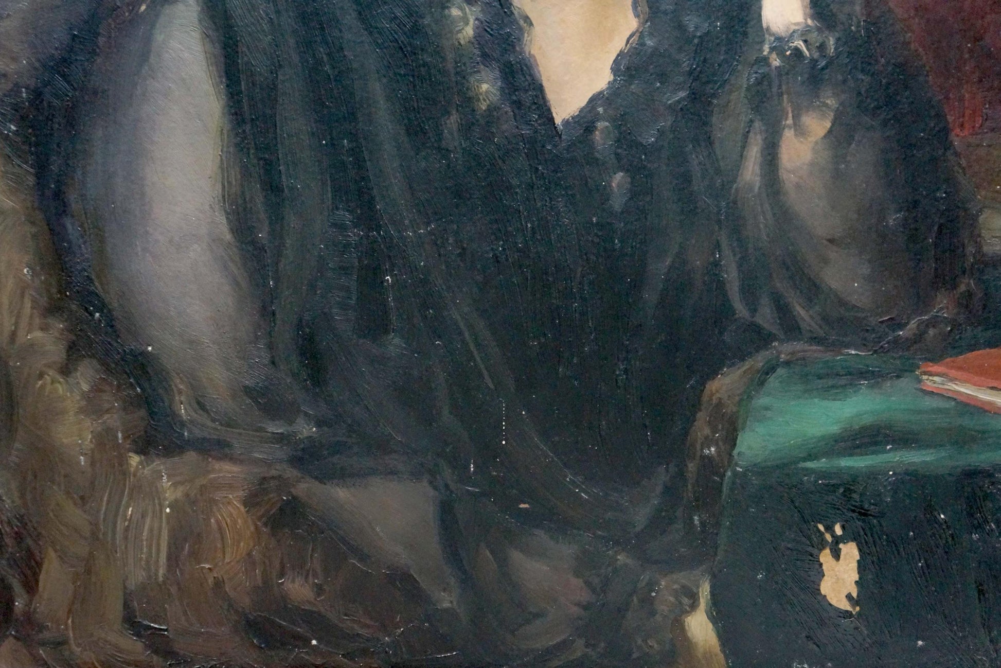 Oil painting of woman portrait by N. Dobronravov, dark textured figure in flowing black fabric