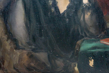 Oil painting of woman portrait by N. Dobronravov, dark textured figure in flowing black fabric