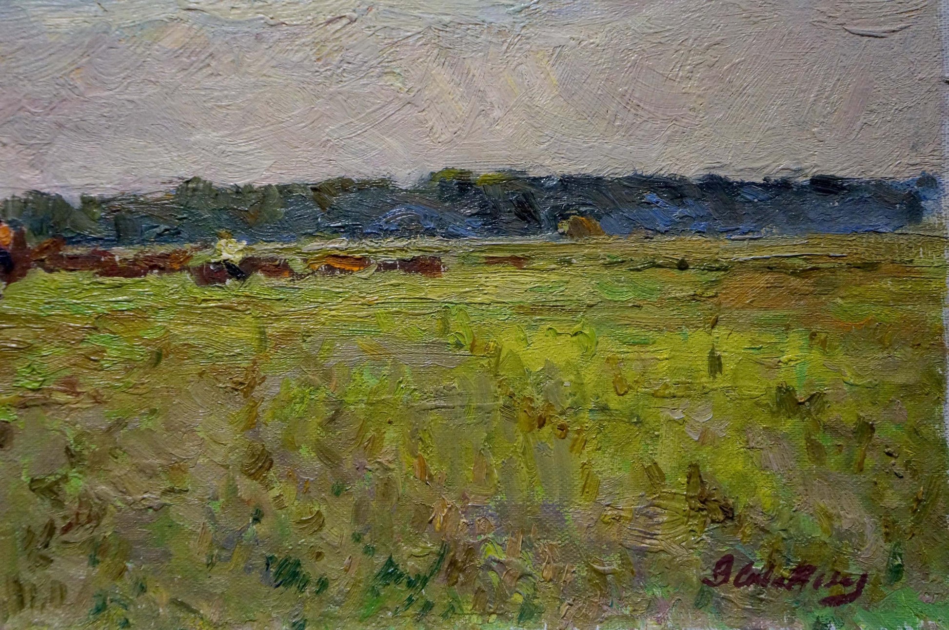 Oil painting by Sevastyanov Viktor Grigorievich: green field under overcast sky