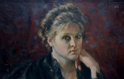 Oil painting of woman portrait by N. Dobronravov, curly blonde hair