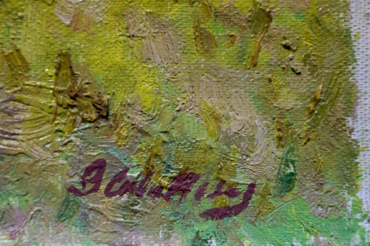 Oil painting In field by Sevastyanov Viktor Grigorievich, impasto green and yellow strokes