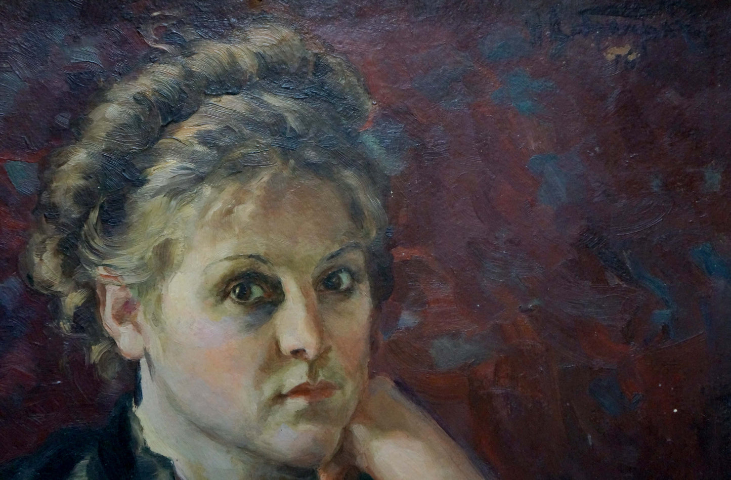 Impressionistic oil portrait of woman by N. Dobronravov, curly blonde hair