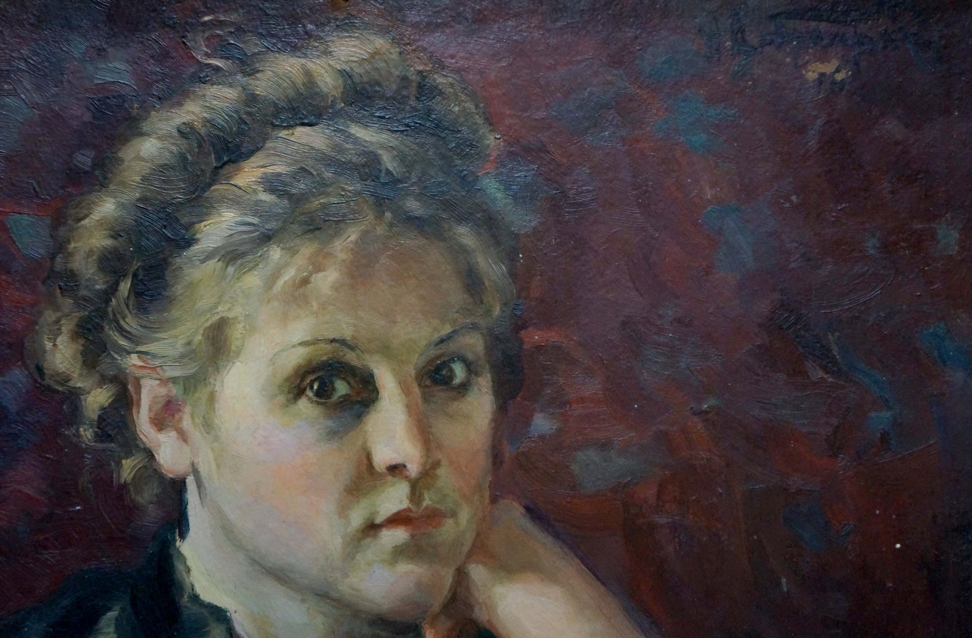 Impressionistic oil portrait of woman by N. Dobronravov, curly blonde hair
