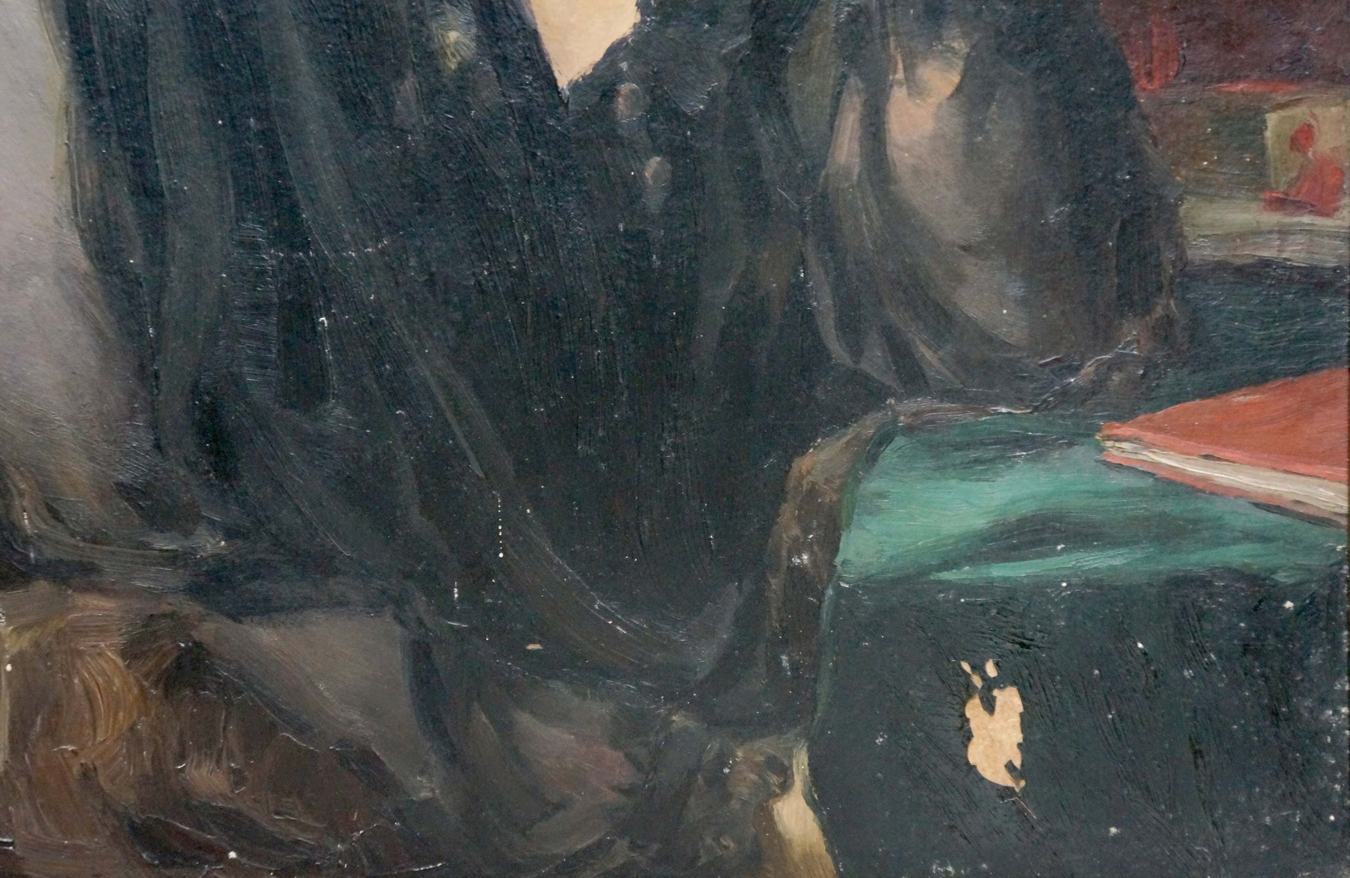 Oil painting of woman portrait by N. Dobronravov on textured dark fabric