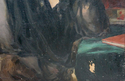 Oil painting of woman portrait by N. Dobronravov on textured dark fabric
