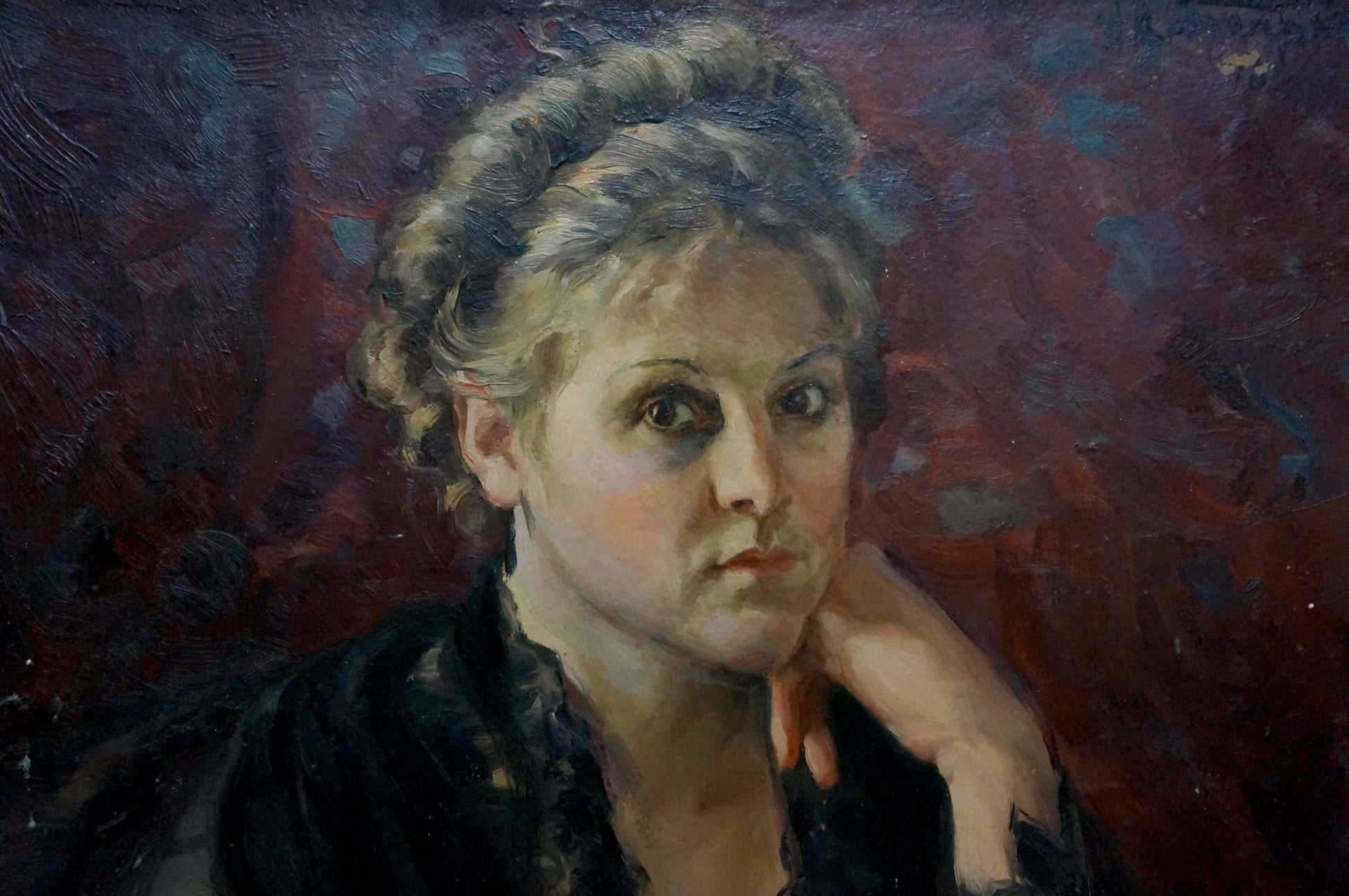 Oil painting woman portrait by N. Dobronravov, intricate hair, red blue background