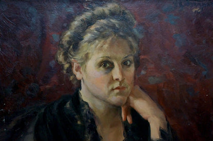 Oil painting woman portrait by N. Dobronravov, intricate hair, red blue background