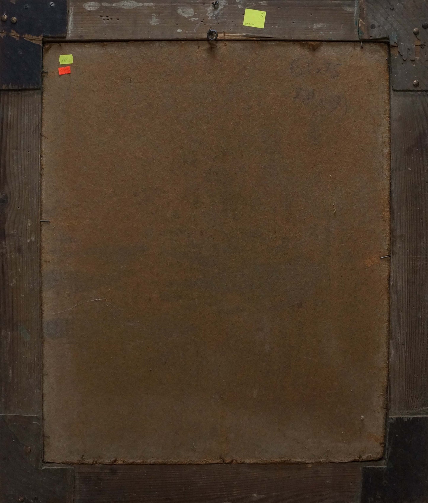 Back of square brown canvas oil painting Woman portrait N. Dobronravov with wear