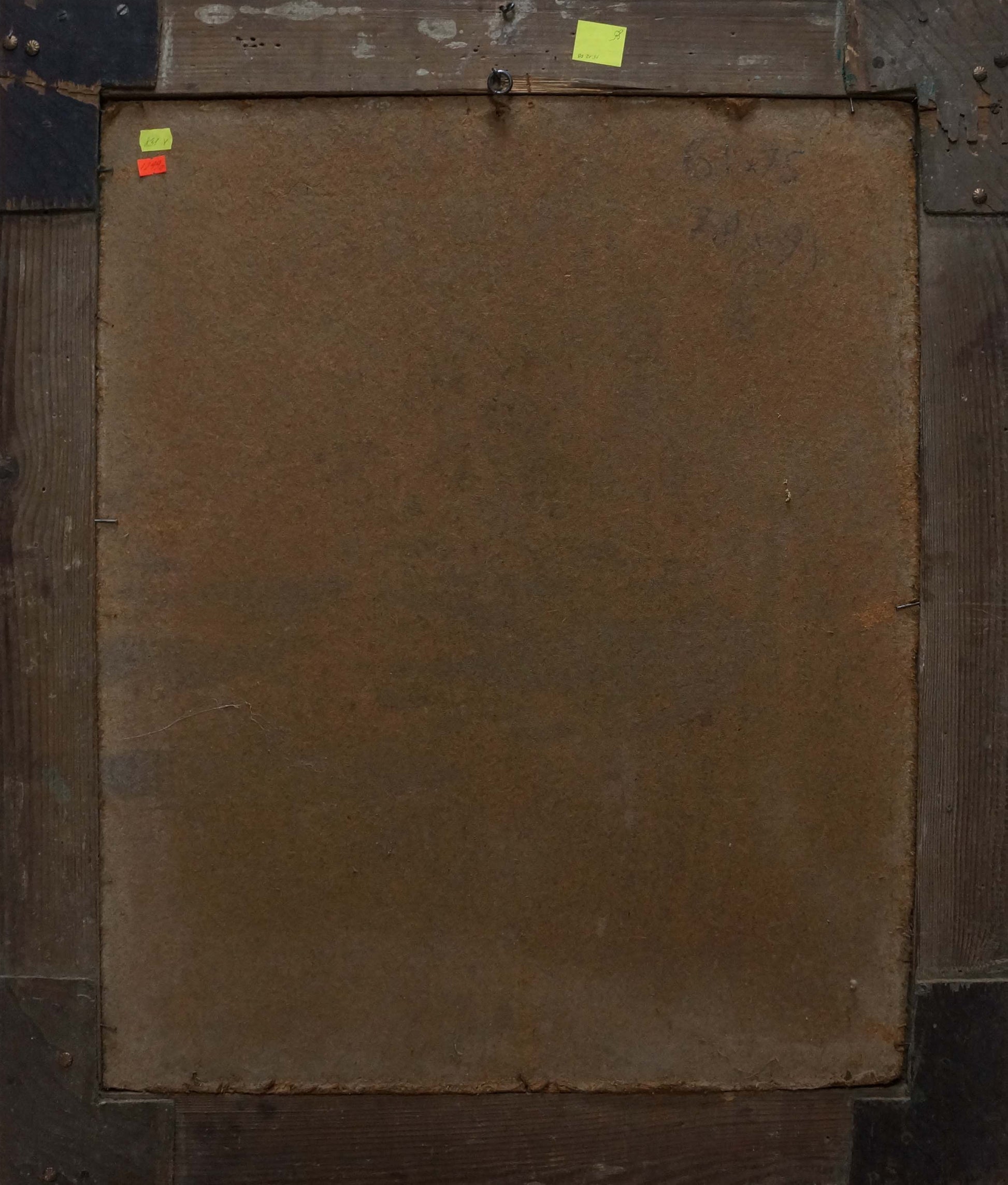 Back of square brown canvas oil painting Woman portrait N. Dobronravov with wear