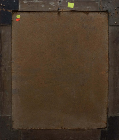 Back of square brown canvas oil painting Woman portrait N. Dobronravov with wear