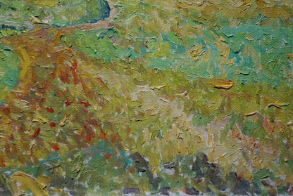 Oil painting Field landscape by Sevastyanov Viktor Grigorievich, textured impasto greens and yellows
