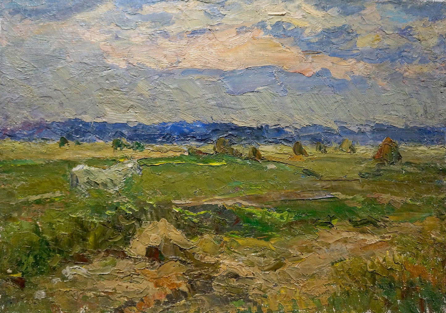 Impressionistic oil painting by Sevastyanov Viktor Grigorievich with green fields, earthy browns, and overcast sky in blues, purples, peach
