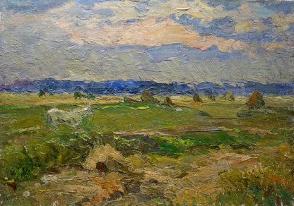 Impressionistic oil painting by Sevastyanov Viktor Grigorievich with green fields, earthy browns, and overcast sky in blues, purples, peach