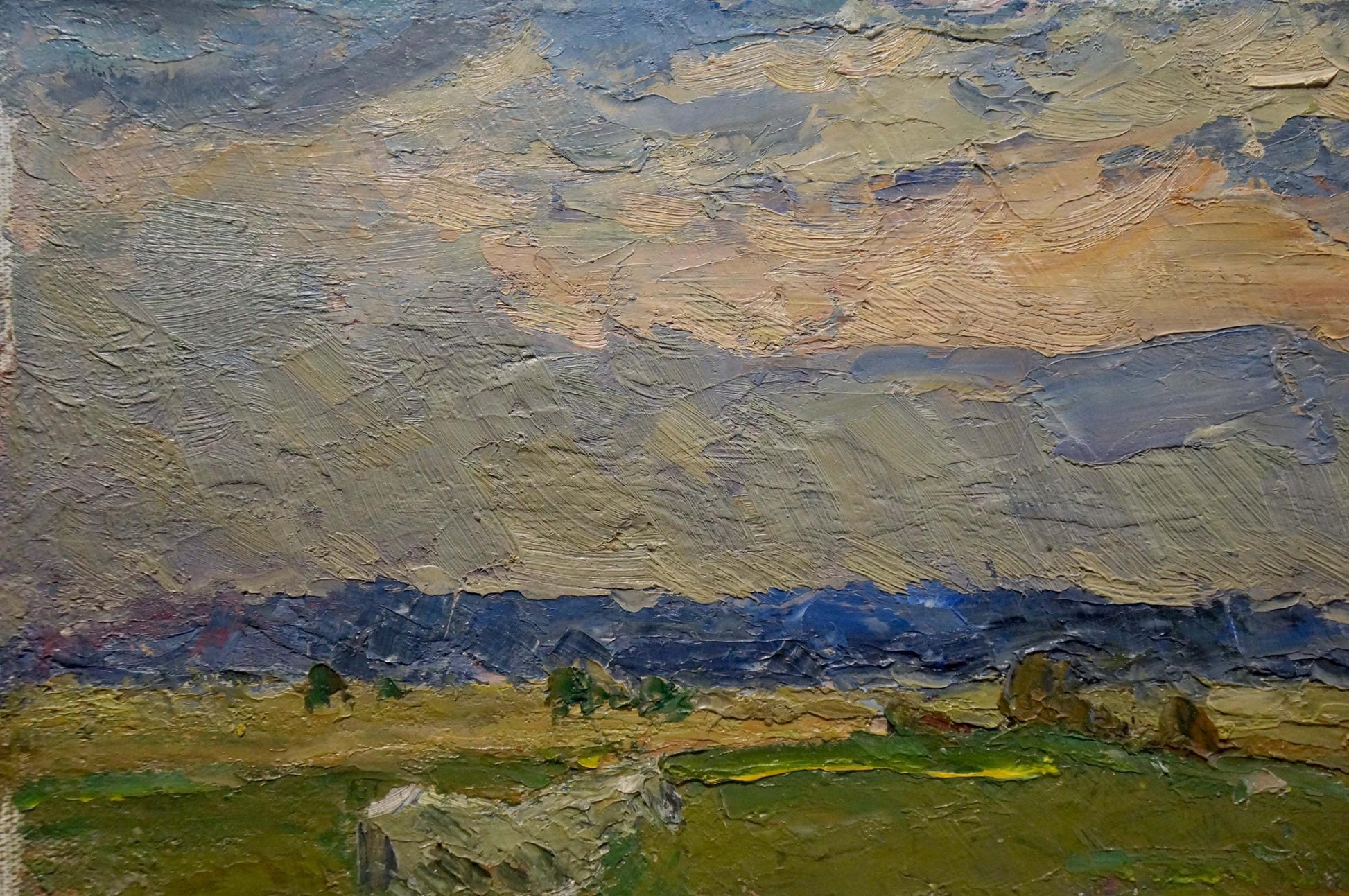 Impasto oil painting by Sevastyanov Viktor Grigorievich: overcast skies over green field
