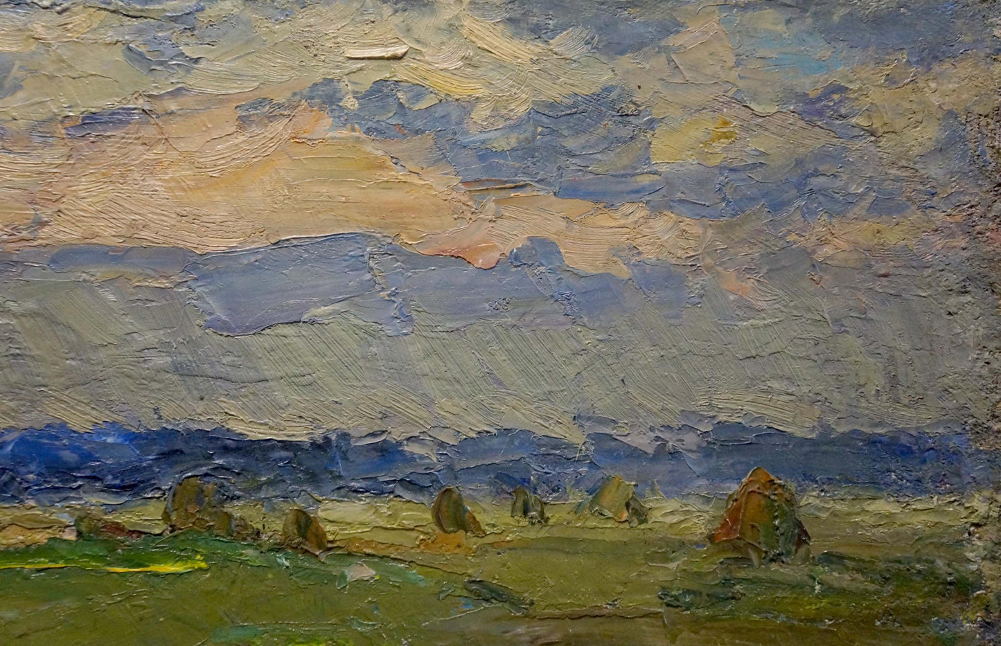 Impressionistic oil painting by Sevastyanov Viktor Grigorievich: overcast sky over green fields